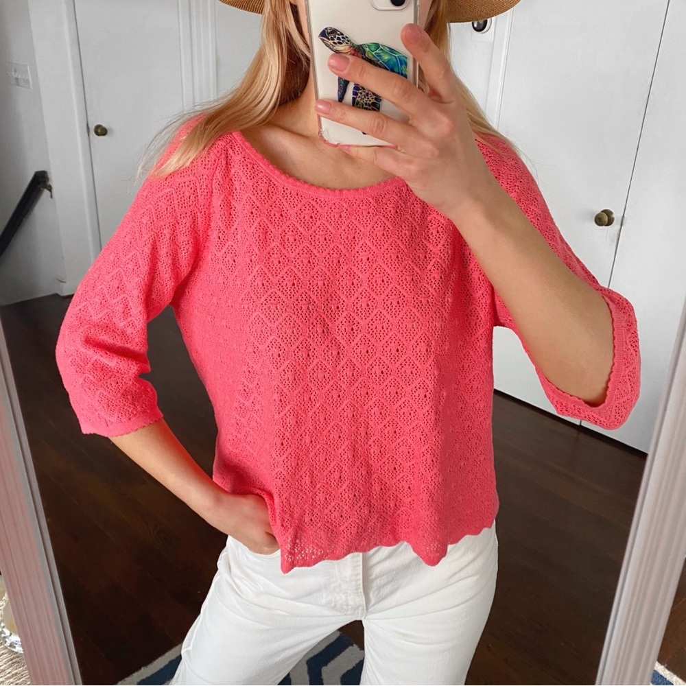 🌸 H&M PINK KNIT CAPRI SLEEVE POINTELLE STYLE LOOSE FIT SWEATER!